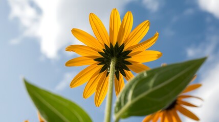 Close up view of a bright yellow daisy flower seen from below against a blue sky with clouds