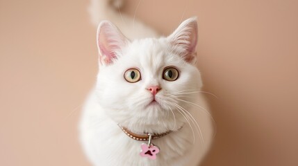 white british shorthair cat wearing an embroidered brown leather collar with a pink dog paw print tag, close-up shot from above, beige background