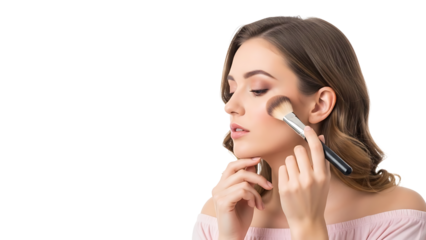 Young woman applying blush or powder with makeup brush isolated on transparent background