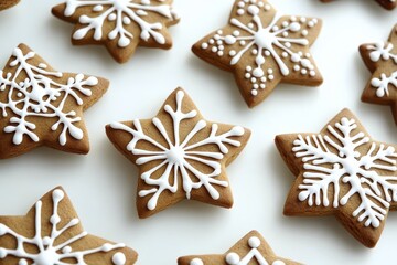 Festive snowflake star cookies with intricate icing on white background