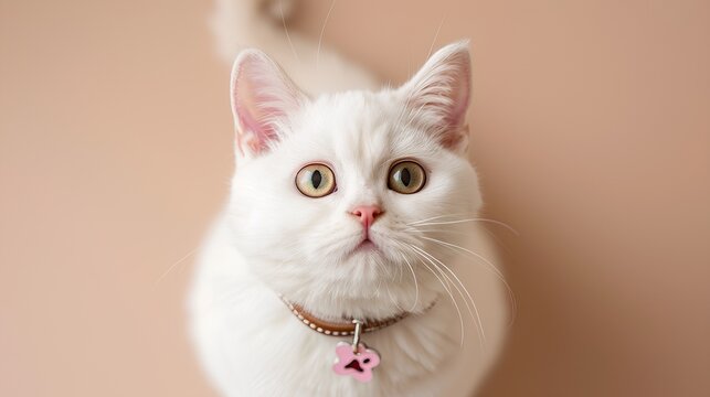 white british shorthair cat wearing an embroidered brown leather collar with a pink dog paw print tag, close-up shot from above, beige background - Powered by Adobe