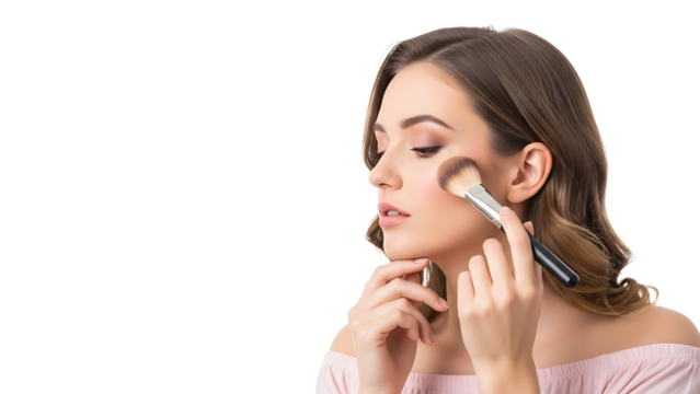 Young woman applying blush or powder with makeup brush isolated on transparent background - Powered by Adobe