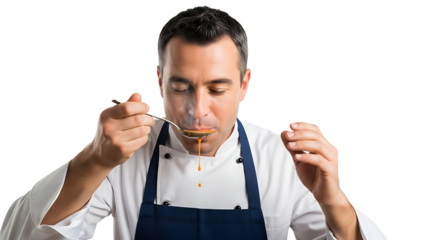 Chef tasting sauce from spoon isolated on transparent background