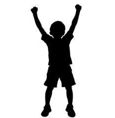 Black silhouette of happy cheering boy isolated on white or transparent PNG background. Ideal for children, celebration, and joy designs. Premium child illustration for creative design projects.