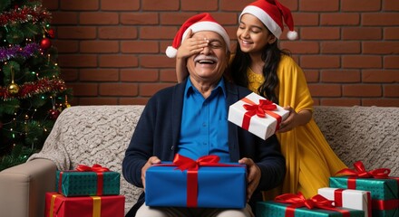 Granddaughter surprises grandfather with Christmas gift, wearing Santa hats.