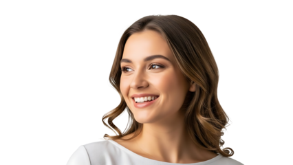 Portrait of a smiling young woman with long brown hair isolated on transparent background
