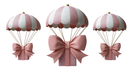 Set of 3d pink and white striped parachutes with gift boxes and large pink ribbon bows isolated transparent background. PNG