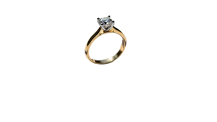 Solitaire diamond engagement ring with gold band isolated on transparent background