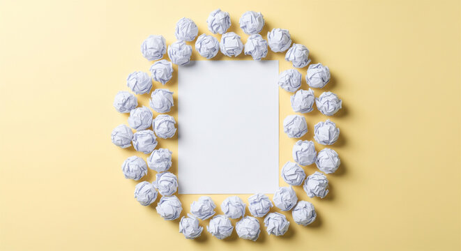 Blank Paper Surrounded by Crumpled Sheets - Creativity and Brainstorm Concept