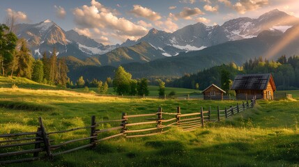 cinematic photograph of an alpine meadow with wooden fences, surrounded by mountains and forests. in the background, the golden hour lighting casts a warm glow, with sunlight shining