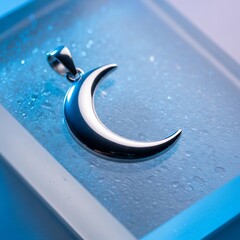 Elegant sterling silver crescent moon pendant, a piece of celestial jewelry, resting on a frosted blue surface with a serene glow
