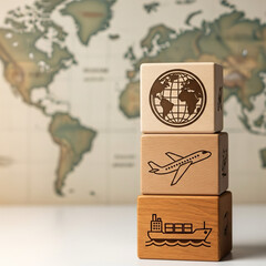 Luxury Global Logistics and Shipping Wooden Blocks on World Map