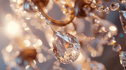 close-up of a crystal chandelier, with interplay of light and shadow, evoking a romantic wedding theme. the detailed chandelier features luxurious textures and muted tones, creating a sense of elegant