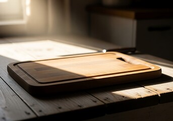 Sunlit wooden cutting board on rustic table, warm kitchen ambiance