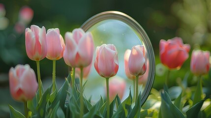 
close-up of a mirror with pink tulips in the garden, reflecting in it, in a vintage style with pastel colors, blurred background, on a sunny day