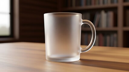 Elegant Frosted Glass Mug on Wooden Table with Bookshelf Backdrop.