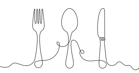 Continuous one line drawing of a set of cutlery: fork, spoon, and knife. Utensils drawing with editable black stroke on white background. Vector illustration.
