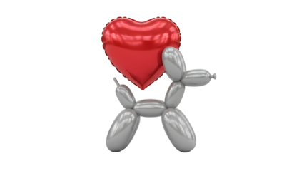 Silver balloon dog holding a shiny red heart isolated on transparent background