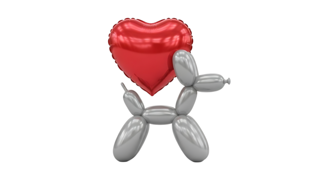 Silver balloon dog holding a shiny red heart isolated on transparent background - Powered by Adobe