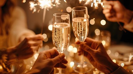 new year's eve toast, an elegant gold and silver setting with sparkling champagne glasses, people holding sparklers in the background