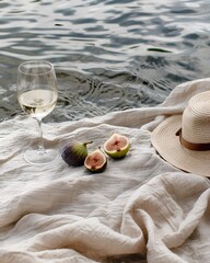 on the water, a beige linen blanket with a hat and a wine glass on top of it, halved figs next to them, evoking summer vibes