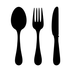 Cutlery icon. Black silhouettes of a spoon, fork, and knife. Vector illustration of dinner or a restaurant
