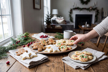 Hand reaching for homemade Christmas cookies on rustic wooden table in cozy living room, holiday baking and family tradition with gingerbread, sugar stars and festive sprinkles by the fireplace