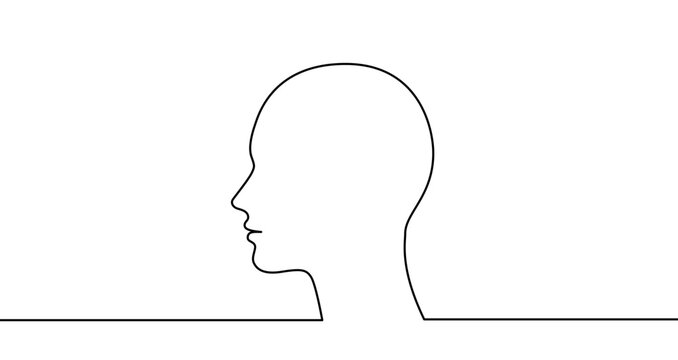 Continuous one line drawing of a human head profile silhouette. Head drawing with editable black stroke on white background. Vector illustration.