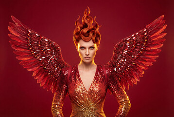 A magnificent woman with flame-like hair in a sequin dress with fiery red wings. A fantasy portrait of a phoenix goddess on a red background.