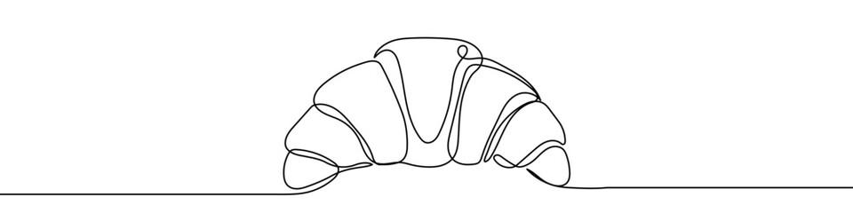 Continuous one line drawing of a French croissant pastry. Drawing of a fresh baked good with editable black stroke on white background. Vector illustration.
