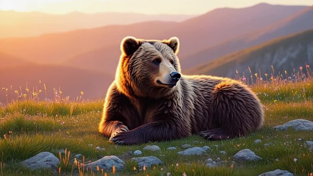 A brown bear is lying down on a grassy hill during a sunset in the mountains view scene bear video