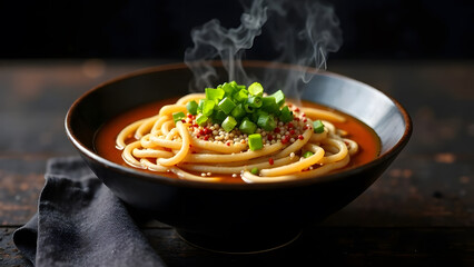 Steaming Bowl of Udon Noodle Soup with Green Onions
