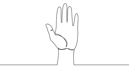 Continuous one line drawing of an open human palm raised vertically. Drawing of a hand with editable black stroke on white background. Vector illustration.