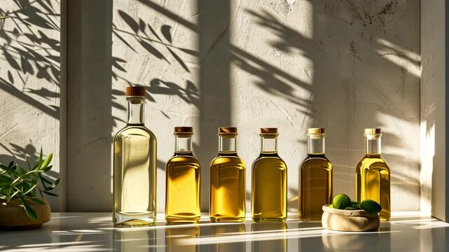 Selective focus. Bottles of extra virgin olive oil neatly arranged on kitchen counter