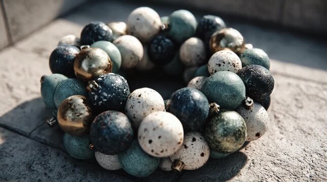 Festive Christmas Wreath Handmade with Assorted Ornaments Neutral Tones Outdoor Stone Surface