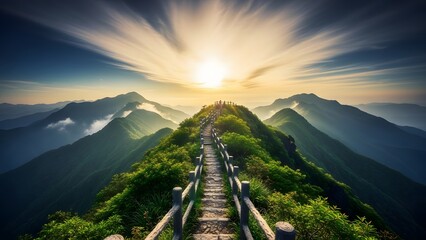 Mountain path leading to the sun scenic landscape with green hills ideal for travel and adventure co