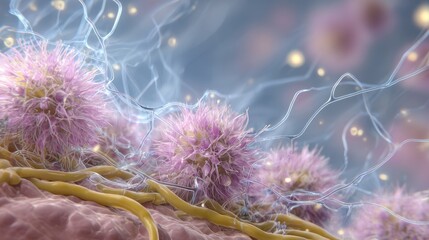 Close-Up Microscopic View of Pink Cellular Structures with Glowing Blue Veins