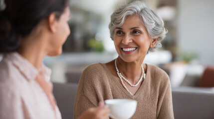 Multiracial social worker chatting with senior woman over tea elderly companionship services home visit consultation geriatric social support community care program wellness