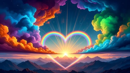 Rainbow heart over mountain range with colorful clouds creating a dreamy and magical landscape