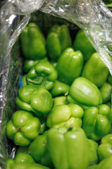 Fresh green bell peppers piled in a crate, displaying their smooth, glossy surface and vibrant natural color.