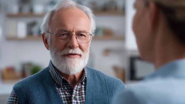 Social worker having meaningful conversation with senior man during home wellness check elderly care services community outreach program mental health support geriatric