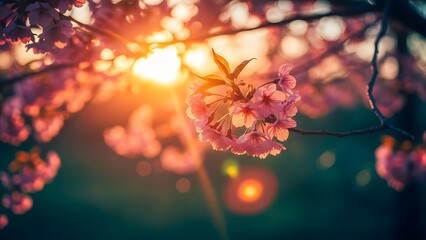 Cherry blossoms in spring illuminated by the setting sun a symbol of renewal and hope