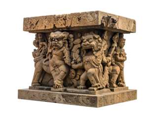 Intricate stone structure with lion and human figures, with detailed carving, standing against a black background