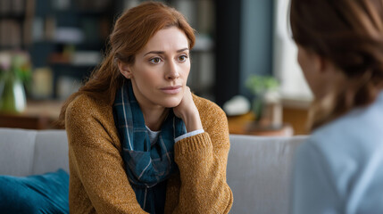 Woman in therapy session on sofa receiving emotional support anxiety counseling services mental health treatment psychological healing therapeutic intervention depression