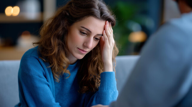 Woman in therapy session on sofa receiving emotional support anxiety counseling services mental health treatment psychological healing therapeutic intervention depression - Powered by Adobe