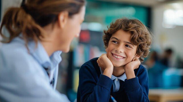 Cheerful schoolboy showing positive emotion to psychologist child mental health assessment youth counseling session emotional development school psychology services