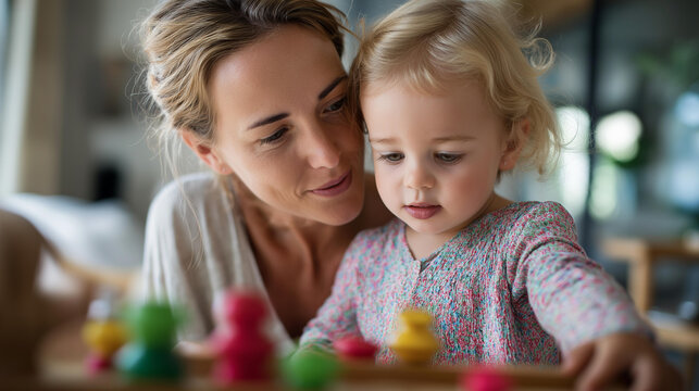 Mother and daughter playing with educational toys child development support family bonding activities early learning assistance parenting support childhood education - Powered by Adobe