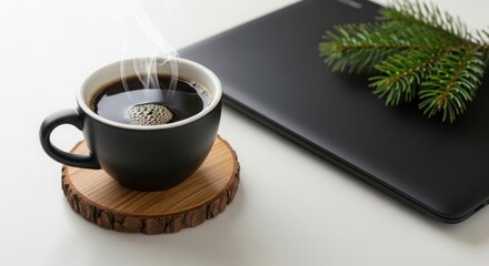 Cozy coffee break with nature accents and laptop