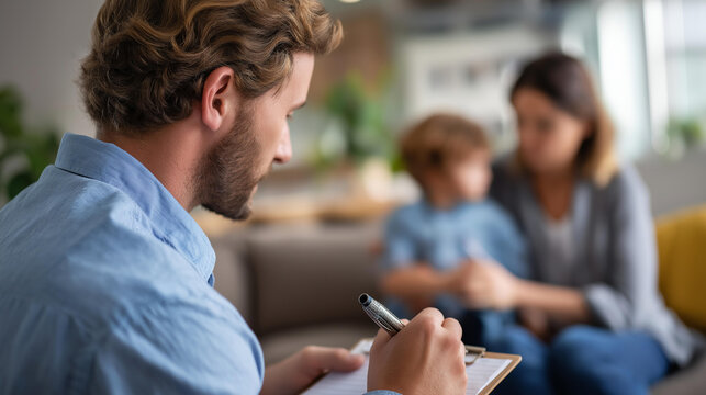 Social worker documenting notes during foster parent meeting case management documentation family assessment foster care supervision home visit records professional