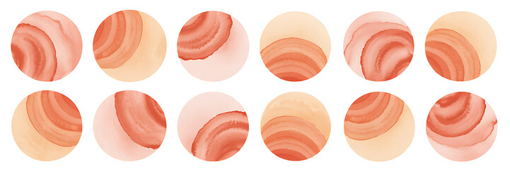 Set of watercolor abstract round shapes with swirled patterns, isolated on white background